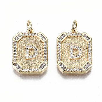 Brass Micro Pave Clear Cubic Zirconia Pendants, Nickel Free, Real 18K Gold Plated, Rounded Rectangle with Word, Letter.D, 19x14x2.5mm, Jump Ring: 5x0.7mm, 3mm inner diameter