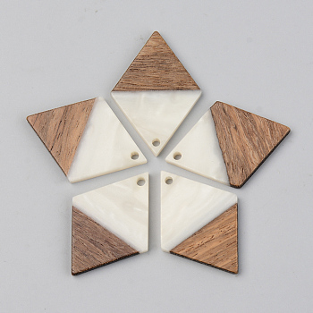 Opaque Resin & Walnut Wood Pendants, Rhombus, Floral White, 34x24x3mm, Hole: 2mm