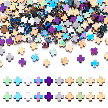 200Pcs 10 Colors Electroplated Synthetic Non-magnetic Hematite Beads, Cross, Mixed Color, 3x3x1.5mm, Hole: 0.5mm, 20pcs/color