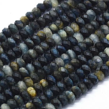 Natural Blue Tiger Eye Beads Strands, Faceted, Rondelle, 6x4mm, Hole: 1mm, about 88pcs/strand, 15.35 inch(39cm)