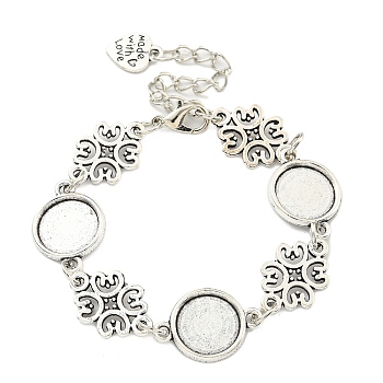 Antique Silver Plated Alloy Link Chain Bracelet Making, Fit for Cabochons, Flower, 6-5/8 inch(16.9cm), Tray: 12mm