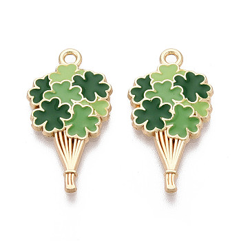 Saint Patrick's Day Alloy Enamel Pendants, Flower Charms, Golden, Cadmium Free & Nickel Free & Lead Free, Green, 28x15x2.5mm, Hole: 1.8mm
