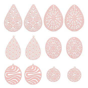 36Pcs 6 Style 430 Stainless Steel Filigree Pendants, Spray Painted, Etched Metal Embellishments, Teardrop & Teardrop & Flat Round, Pink, 22~40x20~28x0.3~0.5mm, Hole: 1~1.8mm, 6pcs/style
