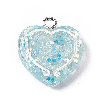 Transparent Resin Pendants, with Platinum Tone Iron Loops, Heart Charm with Glitter Powder and Paillette, Sky Blue, 20x17.6x3.5mm, Hole: 2mm