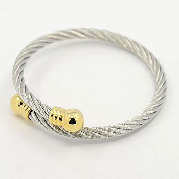 Trendy Men 304 Stainless Steel Torque Bangles, 304 Stainless Steel Rope Bangles, with Metal Findings, Golden & Stainless Steel Color, 54mm