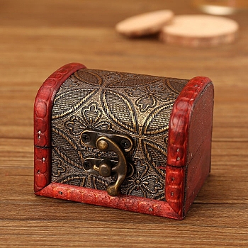 Retro Engraved Wood Jewelry Storage Treasure Boxs with Clasps, for Necklaces Rings Earrings, Rectangle, Cerise, 8x6.5x6cm