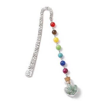 7 Chakra Gemstone Bead & Natural Green Aventurine Glass Heart Wishing Bottle Pendant Bookmarks, Alloy Hook Bookmarks, 153mm
