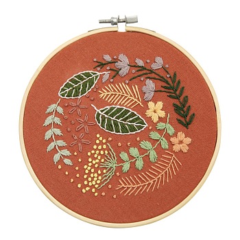 Embroidery Kit, DIY Cross Stitch Kit, with Embroidery Hoops, Needle & Cloth with Leaf Pattern, Colored Thread, Instruction, Leaf Pattern, 21.4x21x0.03cm, 1color/line, 10color