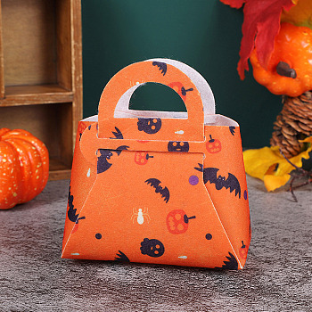 Halloween Theme Non-woven Fabric Gift Bags with Handle, Candy Bags, Trapezoid with Pumpkin & Bat Pattern, Sandy Brown, 12.4x6.5x12.5cm