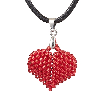 3D Heart Glass Seed Beads Pendant Necklaces, Imitation Leather Cord Necklaces, Red, 17.52 inch(44.5cm)