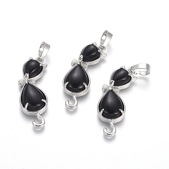 Natural Black Agate Kitten Pendants, with Platinum Tone Brass Findings, Cat with Bowknot Shape, 35.5x12x6mm, Hole: 5x7mm