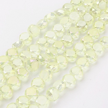 Electroplate Glass Beads Strands, Full Rainbow Plated, Faceted, Frosted, Flat Round, Yellow, 8x5~5.5mm, Hole: 1mm, about 72pcs/strand, 19.7~20.4 inch(50~52cm)