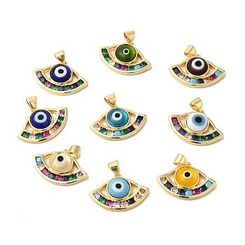 Handmade Evil Eye Lampwork Pendants, with Brass Cubic Zirconia Finding, Cadmium Free & Lead Free, Real 18K Gold Plated, Fan Charm, Mixed Color, 15x23x4.8mm, Hole: 3x4mm