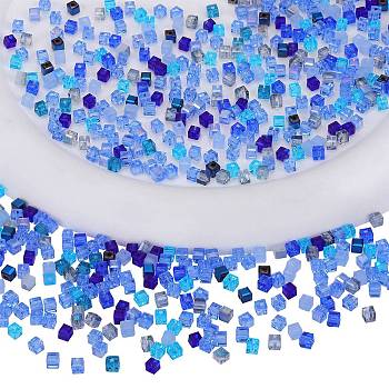 2 Bags Imitation Artificial Crystal Glass Beads, Faceted Cube, Mixed Style, Blue, 3x3x3mm, Hole: 0.9mm, about 100pcs/bag