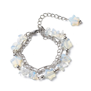 Star Opalite Beads Multi-strand Bracelets, 304 Stainless Steel Paperclip Chains & Brass Curb Chains Bracelets for Women, Stainless Steel Color, 7 inch(17.8cm)