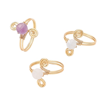 3Pcs Copper Wire Wrapped Round Natural Amethyst & Natural Aquamarine & Natural Rose Quartz Bead Finger Rings for Women, 19mm, Inner Diameter: 18mm