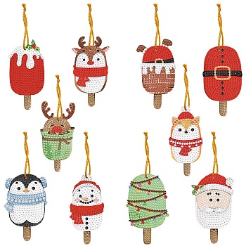 Christmas Theme DIY Diamond Painting Keychain Kit, Including Acrylic Board, Keychain Clasp, Bead Chain, Resin Rhinestones Bag, Diamond Sticky Pen, Tray Plate and Glue Clay, Ice Cream, 75~95x45~60mm, 10pcs/set