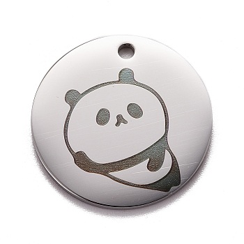 Stainless Steel Pendant, Flat Round with Panda, Stainless Steel Color, 20x1mm, Hole: 1.6mm