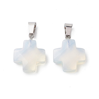 Opalite Pendants, Cross Charms with Stainless Steel Color Plated Stainless Steel Snap on Bails, 20~20.5x15.5~16.5x6~7mm, Hole: 7x4.5mm