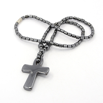 Mens Saint Ankh Cross Hematite Pendant Necklaces, Easter Mass Pray Jewelry, with Brass Magnetic Clasps, Black, 18 inch