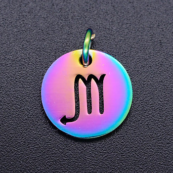 Rainbow Color Ion Plating(IP) 201 Stainless Steel Charms, with Jump Rings, Flat Round with Constellation/Zodiac Sign, Scorpio, 12x1mm, Jump Ring: 5x0.8mm, Inner Diameter: 3mm