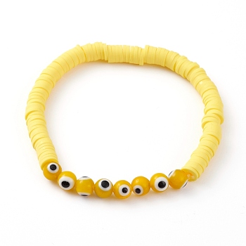 Polymer Clay Heishi Beads Stretch Bracelets, with Evil Eye Lampwork Round Beads, Yellow, Inner Diameter: 2-1/8 inch(5.3cm)