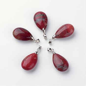 Natural Red Jasper Pendants, with Brass Findings, teardrop, 24~25x15~16x8~10mm, Hole: 5x4mm