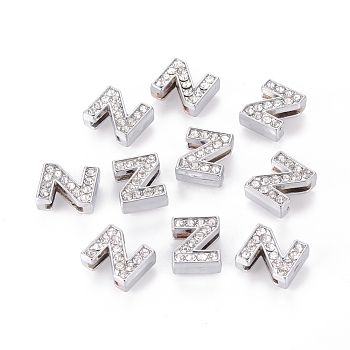 Alloy Initial Slide Charms with Grade A Rhinestones, Lead Free & Nickel Free, Platinum, Letter.Z, 12.5x10.5x4.5mm, Hole: 8x2mm
