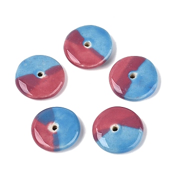 Handmade Vintage Porcelain Beads, Fancy Antique Glazed Porcelain, Disc, Deep Sky Blue, 21~22x4.5~7mm, Hole: 1.8~2mm
