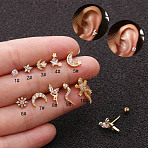 Brass Micro Pave Clear Cubic Zirconia Cartilage Earrings for Women, 316L Stainless Steel Pins, Stainless Steel Color, Moon, 6mm, Pin: 0.8mm(WG50079-08)