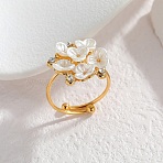304 Stainless Steel Finger Rings, Flower, with Resin & Rhinestone for Women, Golden, US Size 7 1/4(17.5mm)(RJEW-A100-02G)