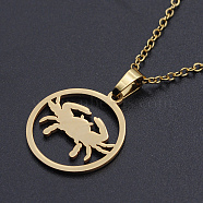 201 Stainless Steel Pendants Necklaces, with Cable Chains and Lobster Claw Clasps, Flat Round with Constellation/Zodiac Sign, Cancer, 15-3/4 inch(40cm), 1.5mm(NJEW-S105-JN626-4G)