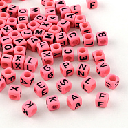 Letter Style Opaque Acrylic Beads, Horizontal Hole, Cube, Hot Pink, 6x6x6mm, Hole: 3.5mm, about 2700pcs/500g(SACR-S076-03)