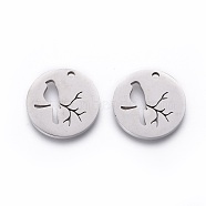 Non-Tarnish 201 Stainless Steel Pendants, Manual Polishing, Flat Round with Bird, Stainless Steel Color, 16x1.5mm, Hole: 1.5mm(STAS-F231-034P)