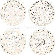 Wooden Basket Bottoms, Crochet Basket Base, for Basket Weaving Supplies and Home Decoration Craft, Flat Round with Flower, BurlyWood, 14x0.5cm, 4pcs/set(WOOD-FH0001-42)