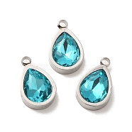 304 Stainless Steel Pendants, with Dark Turquoise Glass, Teardrop Charms, Stainless Steel Color, 12x7x4mm, Hole: 1.5mm(STAS-A080-10P)