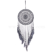 Woven Web/Net with Feather Wall Hanging Decorations, with Iron Ring and Wood Bead, for Home Bedroom Decorations, Gray, 680x200mm(PW-WG80788-01)