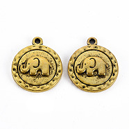 Tibetan Style Alloy Pendants, Cadmium Free & Lead Free, Flat Round with Elephant, Antique Golden, 19x16x3mm, Hole: 1.4mm(TIBEP-Q089-004-RS)