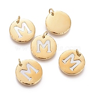 316 Surgical Stainless Steel Pendants, with Shell and Jump Rings, Flat Round with Alphabet, Golden, Letter.M, 15.5x2mm, Hole: 3.6mm(STAS-F256-015M-G)