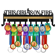 Iron Medal Holder, with Wood Board, Medal Holder Frame, This Girl Is On Fire, Word, Medal Holder: 367x122x1.5mm, Wood Board: 348x80mm(AJEW-WH0508-002)