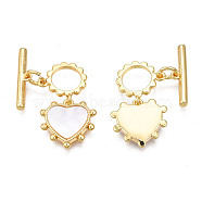 Brass Toggle Clasps, with Freshwater Shell, Cadmium Free & Nickel Free & Lead Free, Heart, Real 18K Gold Plated, 27mm long, Bar: 4x16x2mm, hole: 1mm, Jump Ring: 5x1mm, Inner Diameter: 3mm, Heart: 13x13.5x2mm, Hole: 1mm(KK-N233-145LG)
