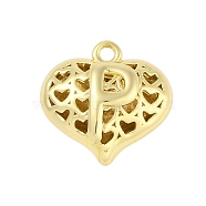 Hollow Brass Pendants for Valentine's Day, Heart with Letter, Real 18K Gold Plated, Letter P, 25x26x13mm, Hole: 2.5mm(KK-M289-03P-G)