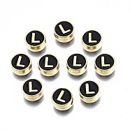 Alloy Enamel Beads, Cadmium Free & Lead Free, Light Gold, Flat Round with Alphabet, Black, Letter.L, 8x4mm, Hole: 1.5mm(ENAM-N052-006-02L-RS)