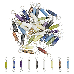 36Pcs 9 Styles Natural Mixed Gemstone Connector Charms, Silver Plated Brass Wire Wrapped Column Links, 28~31x13~14mm, Hole: 4mm, 9 color, 4pcs/color, 36pcs/set(PALLOY-AB00132)