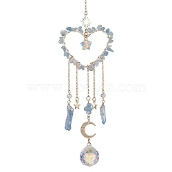 Natural Aquamarine Chip Beads with Brass Findings Pendant Decorations, Heart Hanging Suncatcher, 252~270mm(HJEW-JM01814-04)