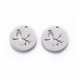 201 Stainless Steel Pendants, Manual Polishing, Flat Round with Bird, Stainless Steel Color, 16x1.5mm, Hole: 1.5mm(STAS-F231-034P)