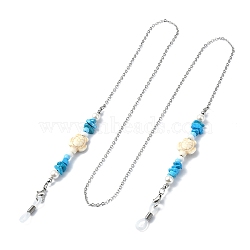 Synthetic Turquoise Tortoise & Glass Seed Beaded Eyeglasses Chains, Neck Strap for Eyeglasses, with 304 Stainless Steel Cable Chains, Zinc Alloy Clasps, Stainless Steel Color, 755mm, Hole: 4~5x2~3mm(AJEW-EH00394-01)