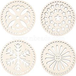 Wooden Basket Bottoms, Crochet Basket Base, for Basket Weaving Supplies and Home Decoration Craft, Flat Round with Flower, BurlyWood, 14x0.5cm, 4pcs/set(WOOD-FH0001-42)