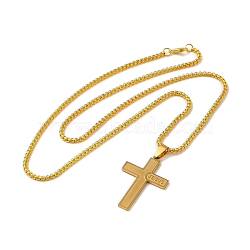 Cross with Word Jesus 201 Stainless Steel Pendant Necklace with Iron Box Chains, Golden, 24.21 inch(61.5cm)(NJEW-D048-03G)