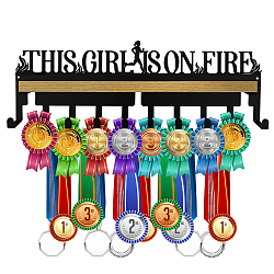 Iron Medal Holder, with Wood Board, Medal Holder Frame, This Girl Is On Fire, Word, Medal Holder: 367x122x1.5mm, Wood Board: 348x80mm(AJEW-WH0508-002)